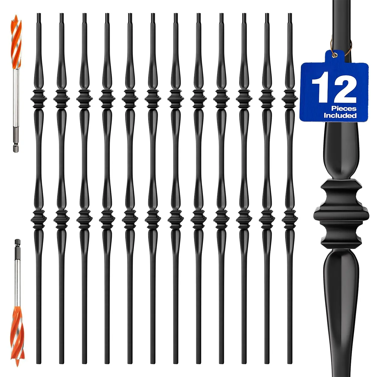 Wrought Iron Hollow Balusters - Deck Spindles Stair Railing indoor,Stair Double Spoon Knuckle Hollow Iron Baluster stair spindles, for staircase interior, Includes 2 Drill Bits for (12 Pack Black)