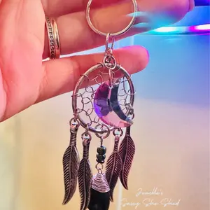 Mystic Dream Catcher Keychain with Moon Charm and Feather Details for Boho Style