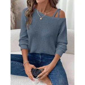 Women’s long-sleeve waffle-texture casual commuter outdoor wear T-shirt with lantern shoulder sleeves, autumn and winter