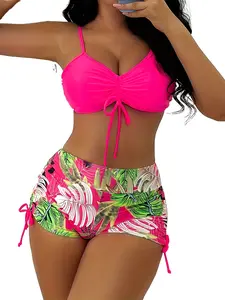 Women's Floral Leaf Print Two-Piece Set, Drawstring Design Summer Beachwear, Bikini Swimsuit Set, Casual Fashion for All Seasons