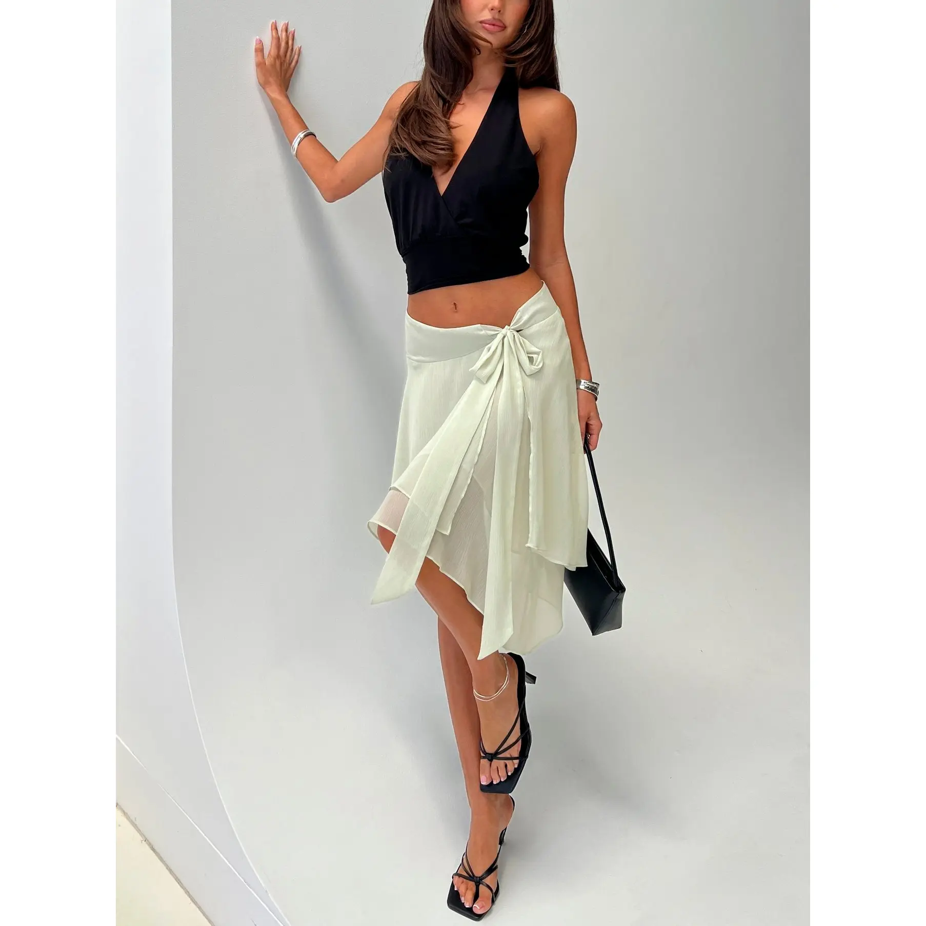 Ophella Tie Waist Chiffon Midi Skirt Sage