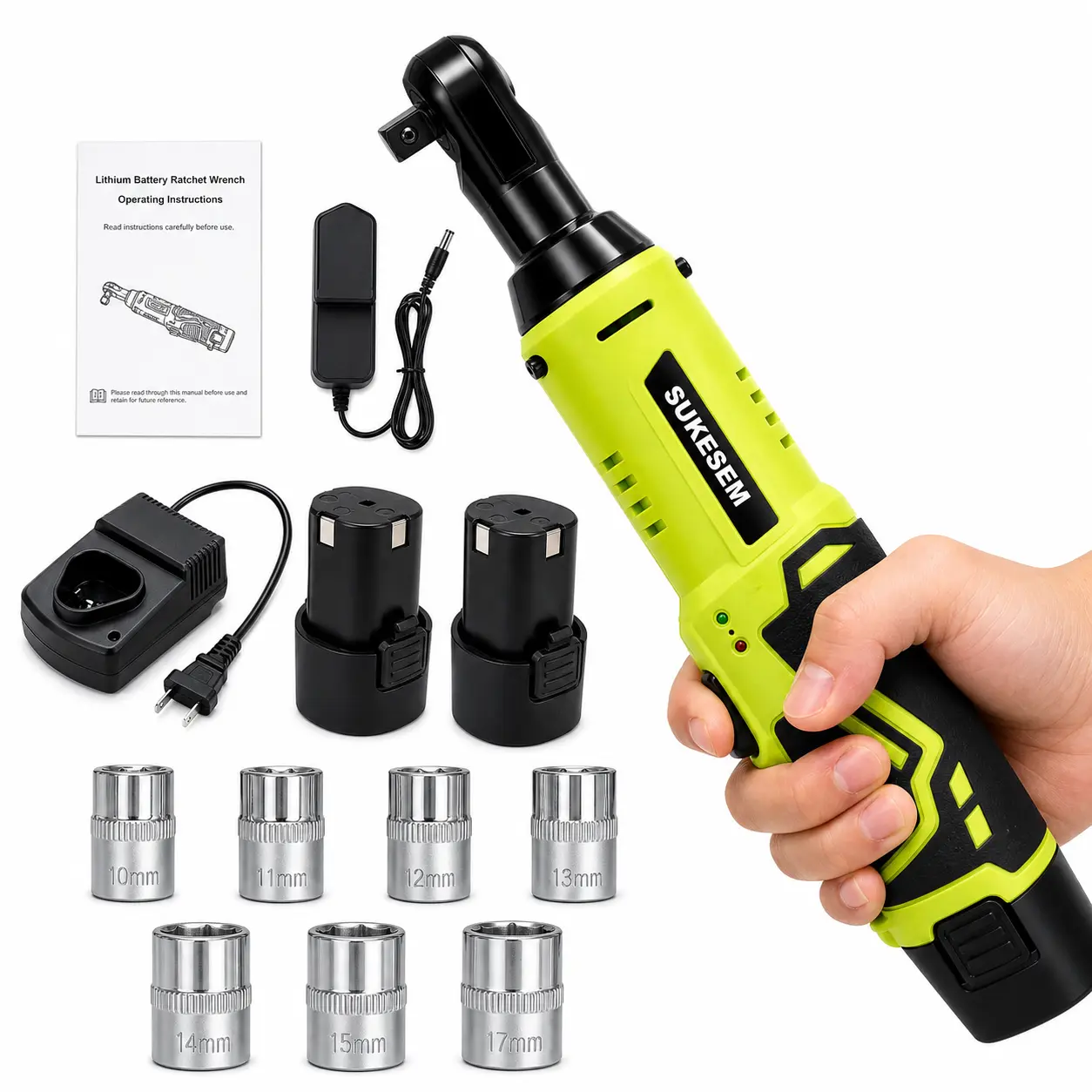 Cordless Electric Ratchet Wrench Set, 12V 3/8” Power Ratchet Wrench 550RPM 45Ft-lbs Torque, Extended Reach Right Angle Ratchet Tool with LED Light, Forward/Reverse Switch, 1/4” Adapter, 2×2.0Ah Batteries & Fast Charger for Auto Repair