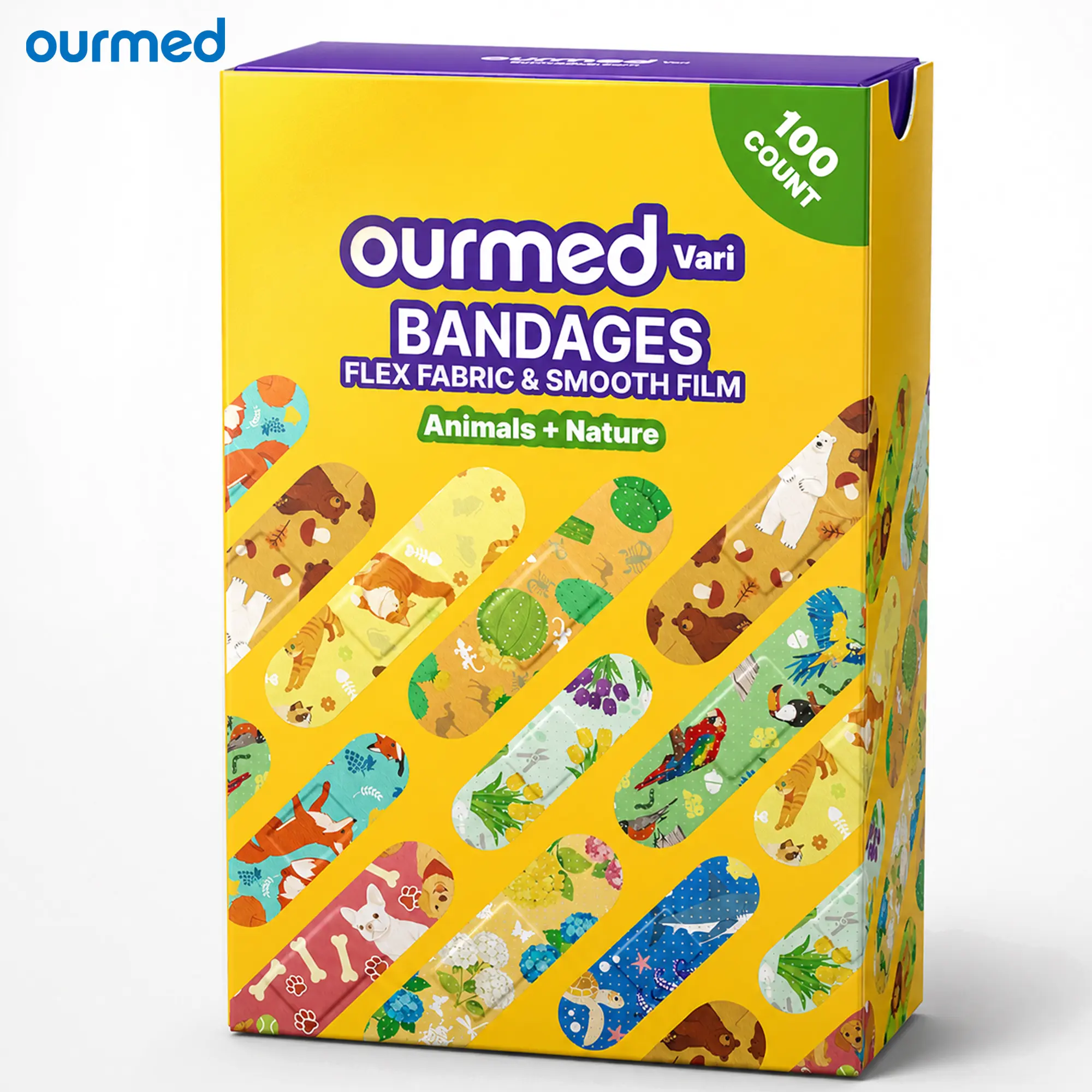 Ourmed Vari Kids Flexible Fabric Adhesive Bandages-100 Pieces, 10 Colorful Patterns, 2 Themes, PE Waterproof, Latex-Free Adhesive Plaster for Wound Care, Cuts and Scrapes, Printed Bandage Strips