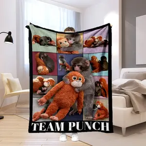 1PC Punch Monkey Growth Commemoration Photo Album, recording various warm moments of it with the orange doll from dependence to sleeping soundly Blanket, Cartoon Pattern, Bedding Accessory, Durable Fabric, Modern Style Gift