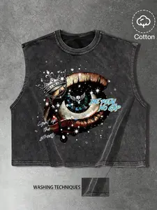 Men's Vintage Washed Loose Workout Tank Top with Cotton Fabric, Skull Glitter Crown Graphic, Street Style Vest for Urban Summer Looks
