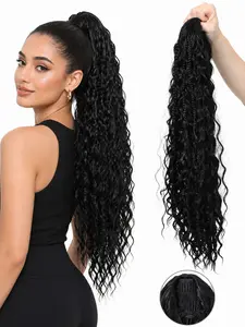 22 Inch Braided Curly Ponytail Extension for Women, Natural Synthetic, Drawstring with Combs, Long Wavy Braid for Daily Wear