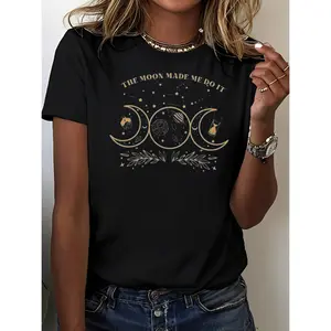 Women's Mystic Moon and Sun T-Shirt 100% Cotton Short Sleeve Crew Neck Boho Vintage Halloween Celestial Graphic Tee