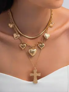 Women's Boho Style Cross & Heart Design Necklace, Cross Charm Necklace, Dainty Boho Necklace, Fashion Jewelry for Party, Daily Clothing Decor, Trendy All-match & Exquisite Jewelry for Birthday Gift
