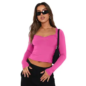 Women's Y2K Design Slim Fit Long Sleeve Crop Top Sweetheart Neck Ruched Elastic Soft T-Shirt for Daily Wear Streetwear & Party Outfits Fashion Tshirts