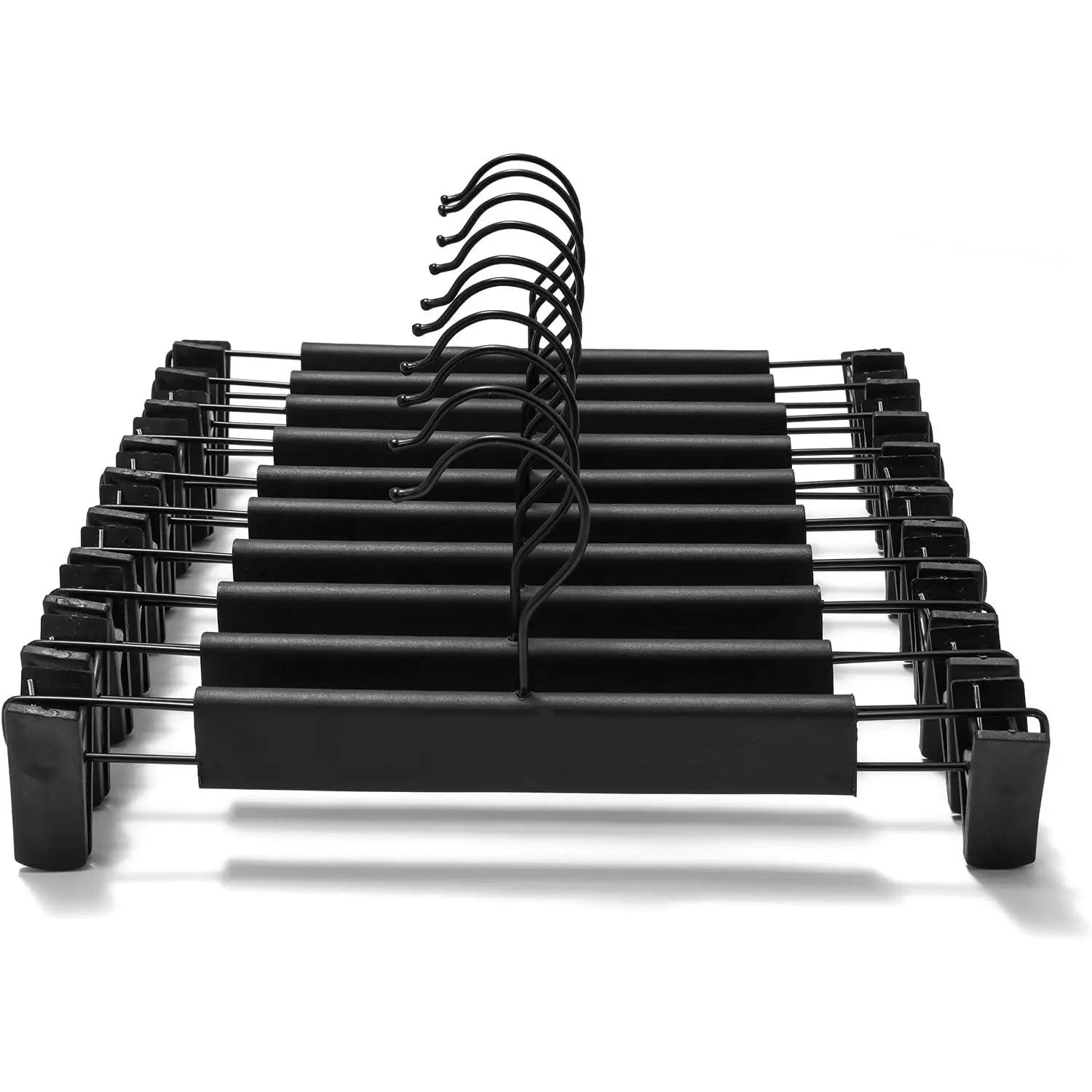 10 Pack Clothes Pants Hangers, Space-Saving Skirt Holders with 360 ? Swivel Hooks, Adjustable Clips, Trouser Coat Garment Jeans Black