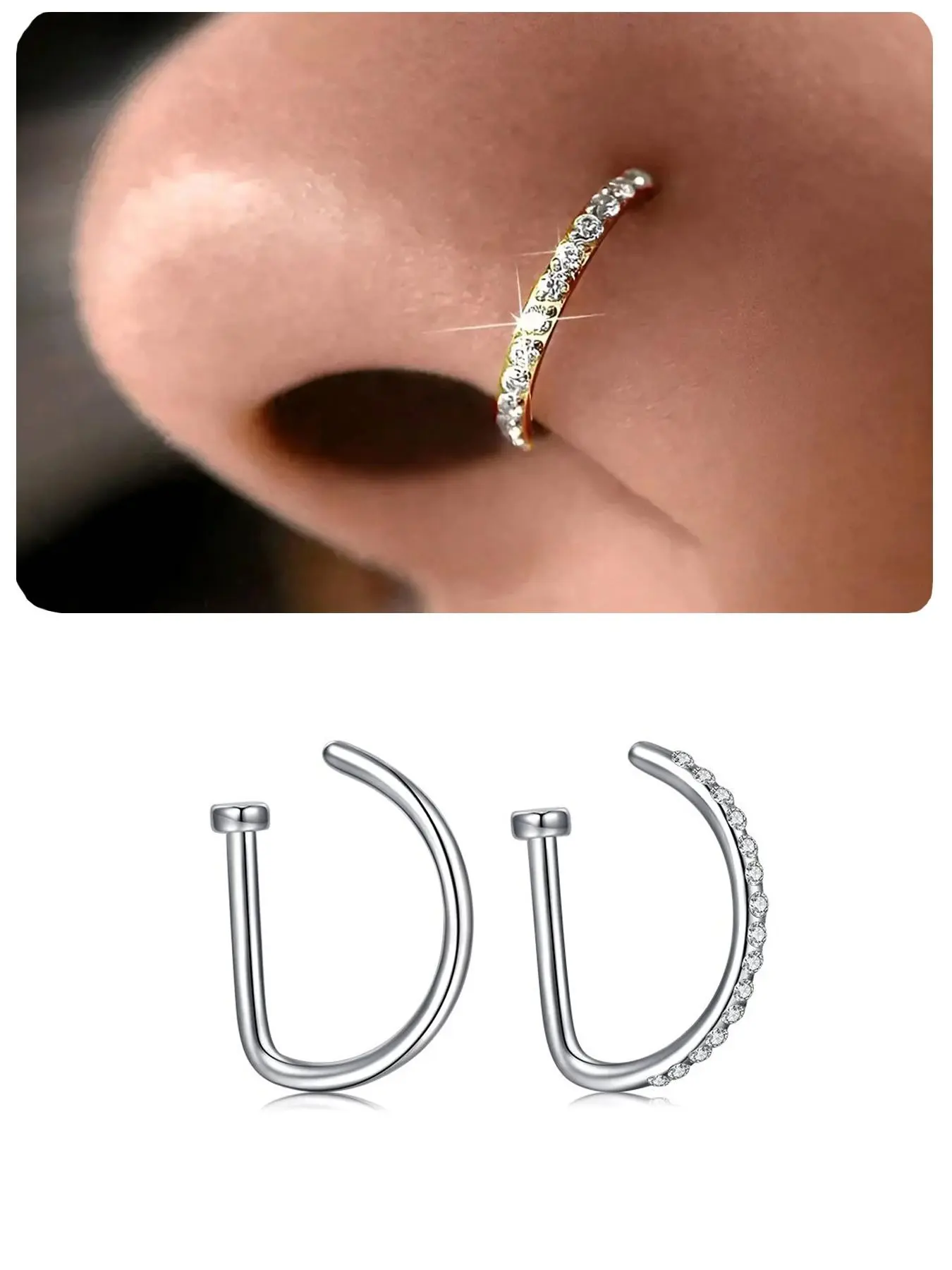 D Shape Fake Nose Ring, Stainless Steel Non-Piercing Nose Hoop, Silver Color and Punk Style Body Jewellery Accessory for Men and Women, Body Jewelry