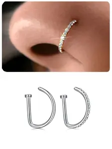 D Shape Fake Nose Ring, Stainless Steel Non-Piercing Nose Hoop, Silver Color and Punk Style Accessory for Men and Women