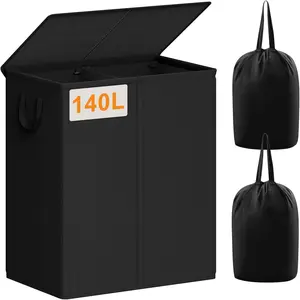 140L Laundry Hamper 2 Section, Laundry Basket with Lid, Large Dirty Clothes Hamper with Removable Liner Bags, Collapsible Laundry Organizer for Bedroom, Dorm,Black