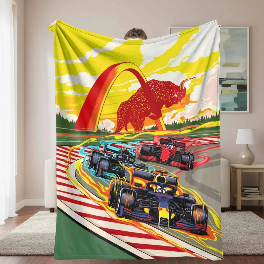 Speed Racing Flannel Blanket - Energetic Bull & Fast Sports Cars Print, Super Soft, Lightweight, Breathable, Warm, Ideal for Living Room, Camping, Gifting & Home Decoration