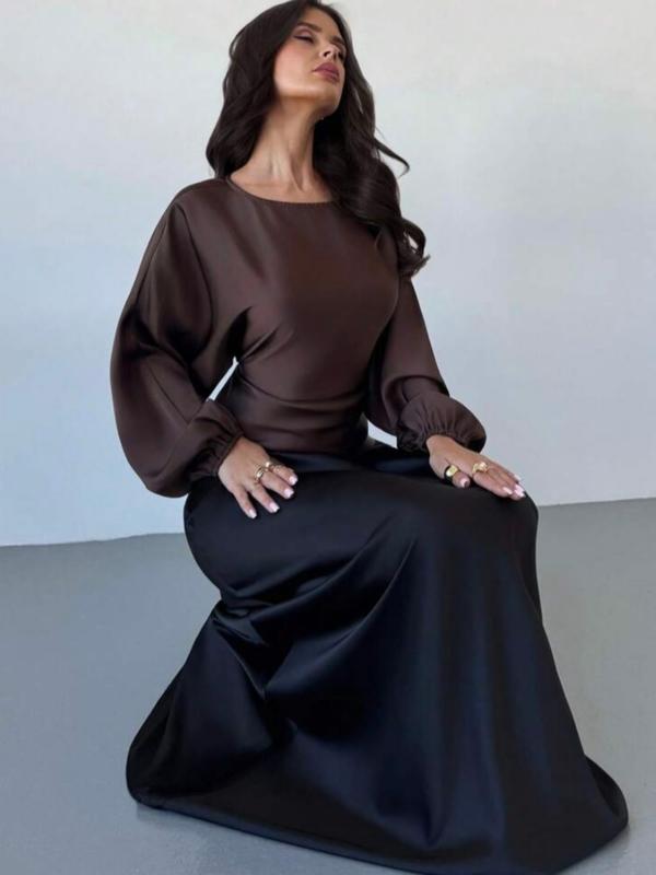 Elegant Satin Lantern Sleeve Top Blouse, Back Tie Waist Design, Round Neck, Perfect for Commuting and Dates, High-End Style