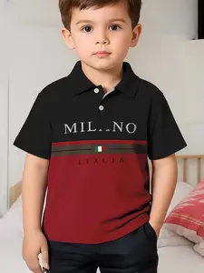 Colorblock Collared Polo Shirt, Milan Letter Print, Casual Slim-Fitting Top, All Seasons Wear, No Zipper, with Button
