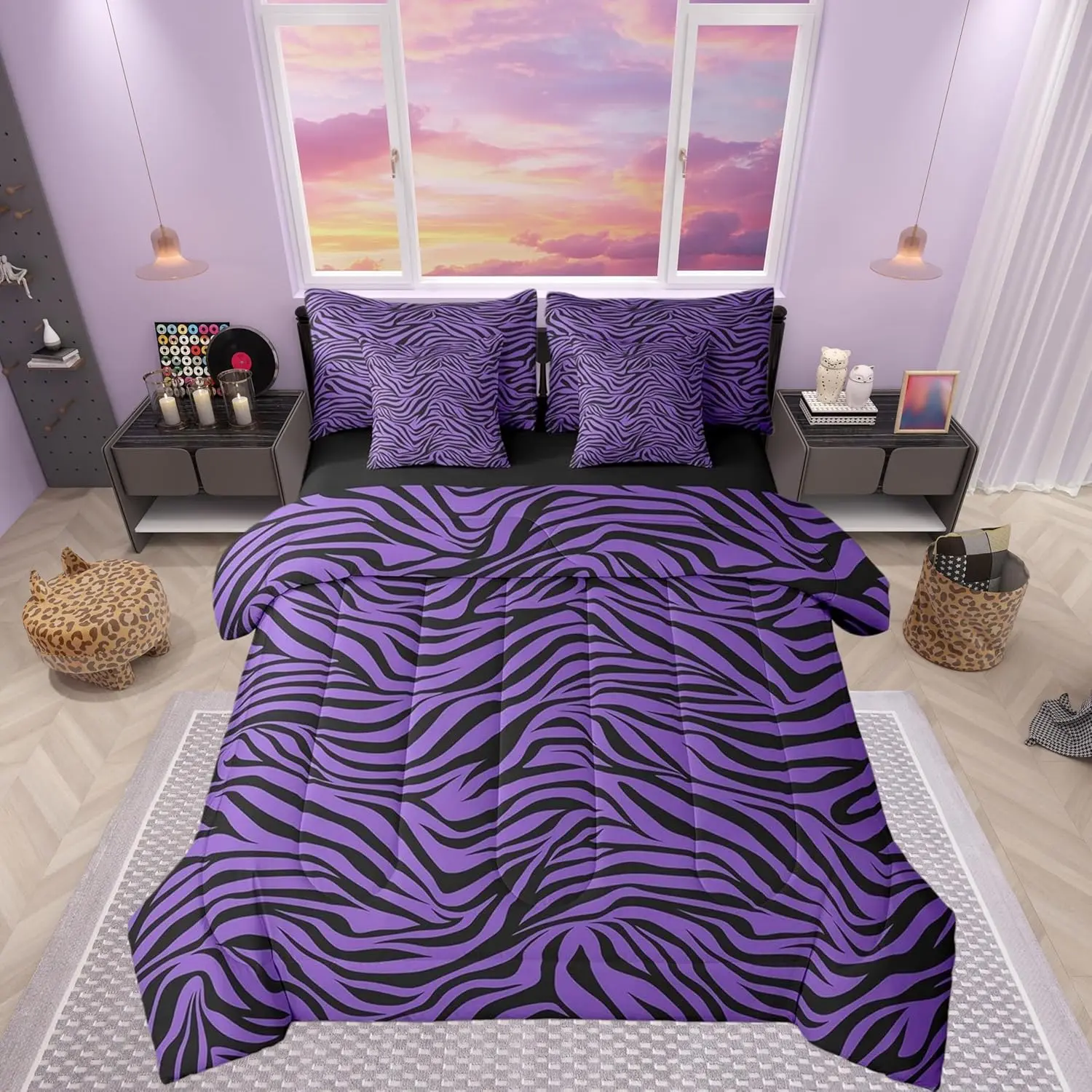 7 Pieces Black Purple Zebra Skin Comforter Set Wild Animals Bedding Set with Comforter,Sheet Set,Pillowcase and Sham Zebra Stripes Bed Set Zoo Animal Fur Bedding for Room Decorative