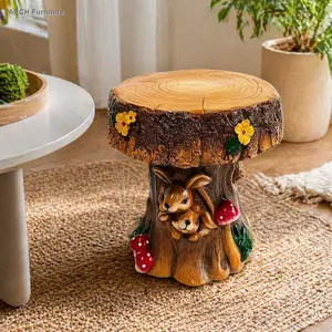 12.6" Resin Rabbit Accent Chair - Art Deco Forest Theme Tree Stump Round Stool, Sturdy Indoor Outdoor Living Bench for Outdoor Patio, Backyard