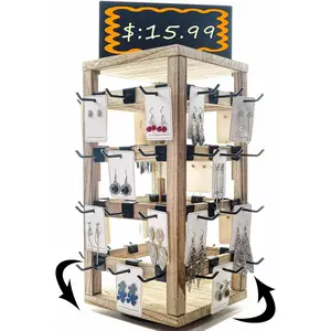 Wooden rotating Jewelry Display Stand with Removable 48 advertising board, For Earring Cards necklace bracelet Keychain Jewelry Organizer For Selling For vendor events (brown)