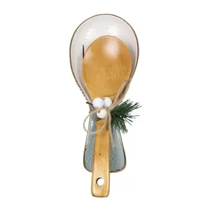Young's Inc. Ceramic White Winter Spoon Rest wi th Bamboo Spoo