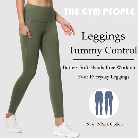 THE GYM PEOPLE Women's High Waist Tummy Control Thick Yoga Leggings with Pockets - 2-Piece Gym Athleisure Wear, High Stretch Sporty Chic Bottoms for Workout, Clothes