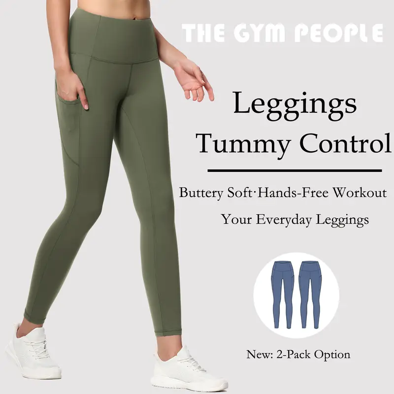 THE GYM PEOPLE Women's High Waist Tummy Control Thick Yoga Leggings with Pockets - 2-Piece Gym Athleisure Wear, High Stretch Sporty Chic Bottoms for Workout, Clothes
