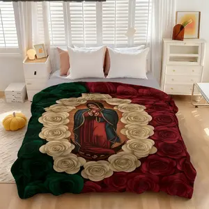 1 piece of Virgin Mary Rose religious art themed blanket, covered with statue of Virgin Mary and red and white rose elements, soft and comfortable bedroom for boys and girls, living room sofa cover blanket camping blanket, Floral Print Blanket