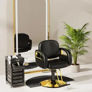 Baasha Professional Black and Gold Salon Chair, Comfortable Cushion, Upgraded Durable Armrests, 360 Degree Rotation, Premium Gold Hair Stylist Chair, Weight Capacity 330 lbs