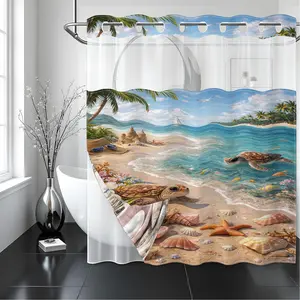 1 Pack No Hook Double Layer Shower Curtain, Tropical Turtle Beach Print Bath Curtain, Machine Washable, Waterproof, Mildew Resistant, Durable Fabric, Coastal Vacation Bathroom Decor, Removable Liner, Top See-Through Window, Partition Curtain 71"×74"