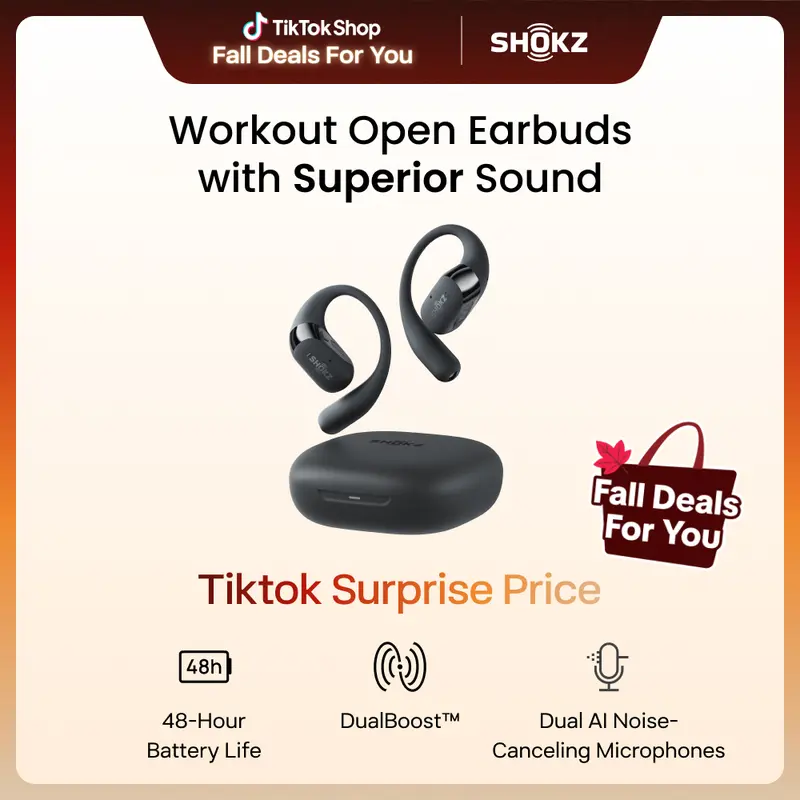 SHOKZ OpenFit 2 Open-Ear Earhook Bluetooth Earbuds, 48H Playtime Powerful bass; IP55 Water-Resistant; AI call clarity; Bluetooth 5.4; Gym/Outdoor/Home use