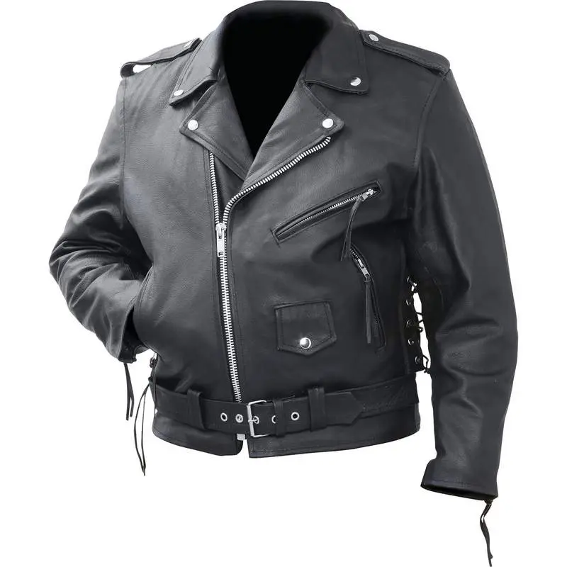 212 MAIN Men's Genuine Cowhide Leather Classic Motorcycle Protective Jacket - Work Safety Coat with Zip-Out Liner, Lapel, Belted Waist, Side Laces, Snap Epaulets (2X, BKMCBM2X)