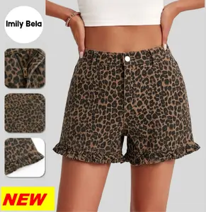 Imily Bela Viral Leopard Print High Waisted Denim Shorts, Women's Cute Cotton Summer Shorts with Ruffled Hem, Must-Have Casual Summer Bottoms