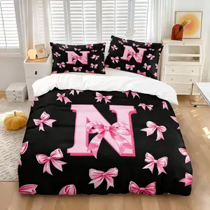 Coquette Aesthetic Black Pink Bow Duvet Cover Set, Include One Cpmforter Cover and 1/2 Pillowcases, Cute Letter N-Z Initial Print Quilt Cover, Preppy Room Decor Bedding
