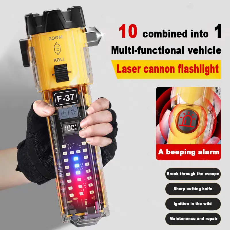 10-in-1 Rechargeable Car Emergency Escape Safety Hammer - USB Rechargeable High-Intensity LED Long-Range Flashlight, Compact Easy-to-Carry Portable Seatbelt Cutter, Window Breaker for Roadside Safety, Fishing Trips