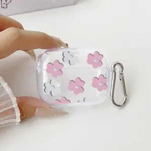 Floral Delight Pattern TPU Soft Protective Case for Apple AirPods 4/3/2/1/Pro/Pro2 Transparent Earphone Cover with Keychain Attachment