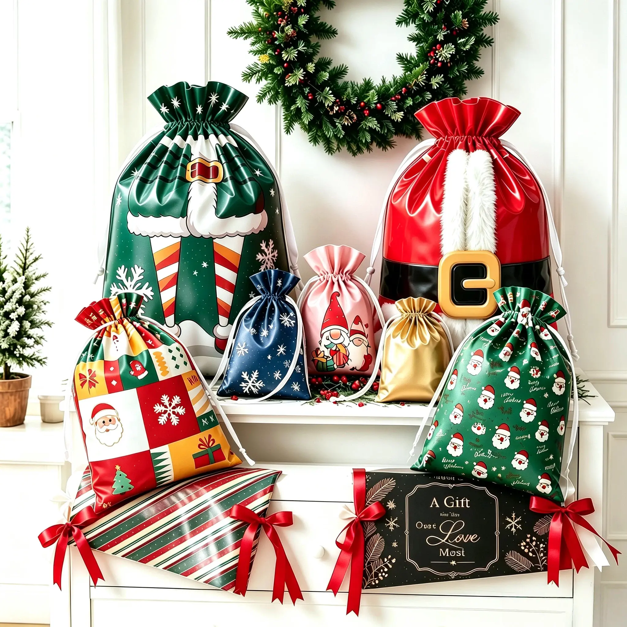 54Pcs Christmas Drawstring Gift Bags in 6 Assorted Sizes – Various Festive Designs Bulk Present Wrapping Sacks with Built-in Ribbon Ties for Xmas Party Favors
