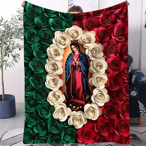 Virgin Mary and Roses Flannel Blanket, Soft Plush Our Lady of Guadalupe Throw Blanket, Lightweight Warm Oversized Cloud Blanket, All-Season Comfortable Bedding for Bedroom, Sofa, Travel, Funny Religious Home Decor Gift
