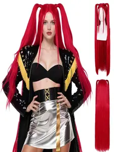 Long Straight Hot Pink Wig with Double Ponytails, 100cm/40inch, Women's Synthetic Wig, Long Rose Red 2 Ponytails, Halloween Party Cosplay Wig