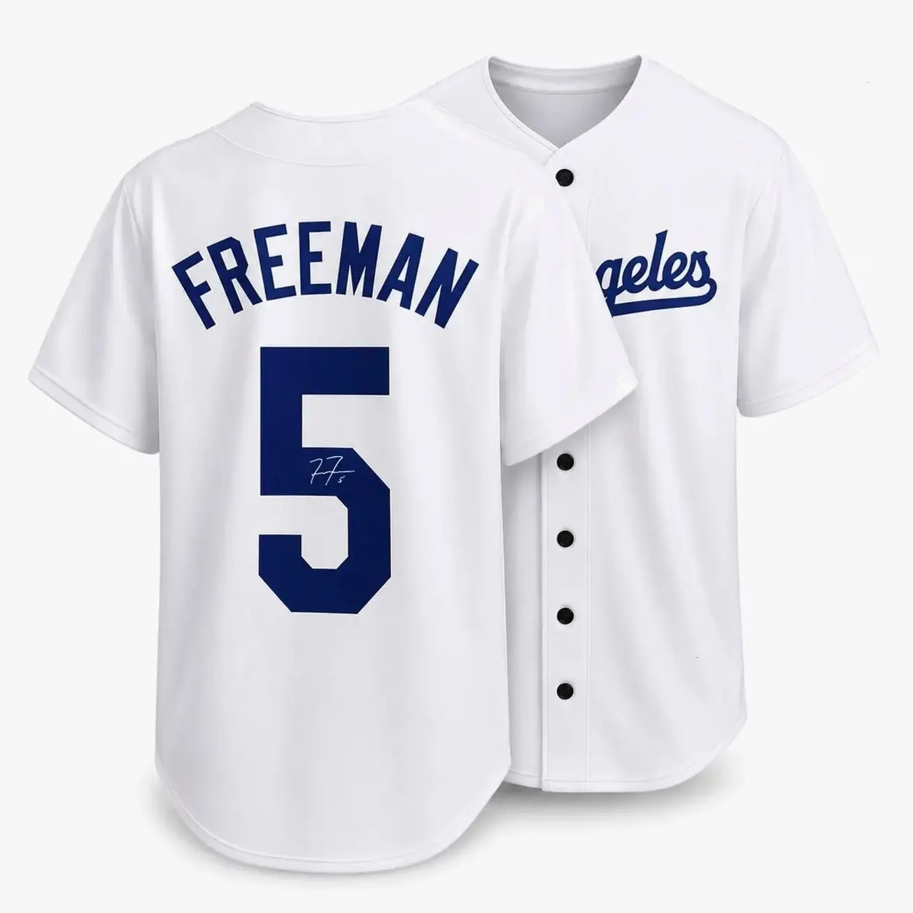 All-over Print Baseball Jersey Without Piping, Blue White Baseball Uniform, Freeman #5 Facsimile Autographed Sports Fan Jersey, Lightweight Breathable Athletic Graphic Baseball Shirt, Game Day Apparel for Men Women Baseball Fans