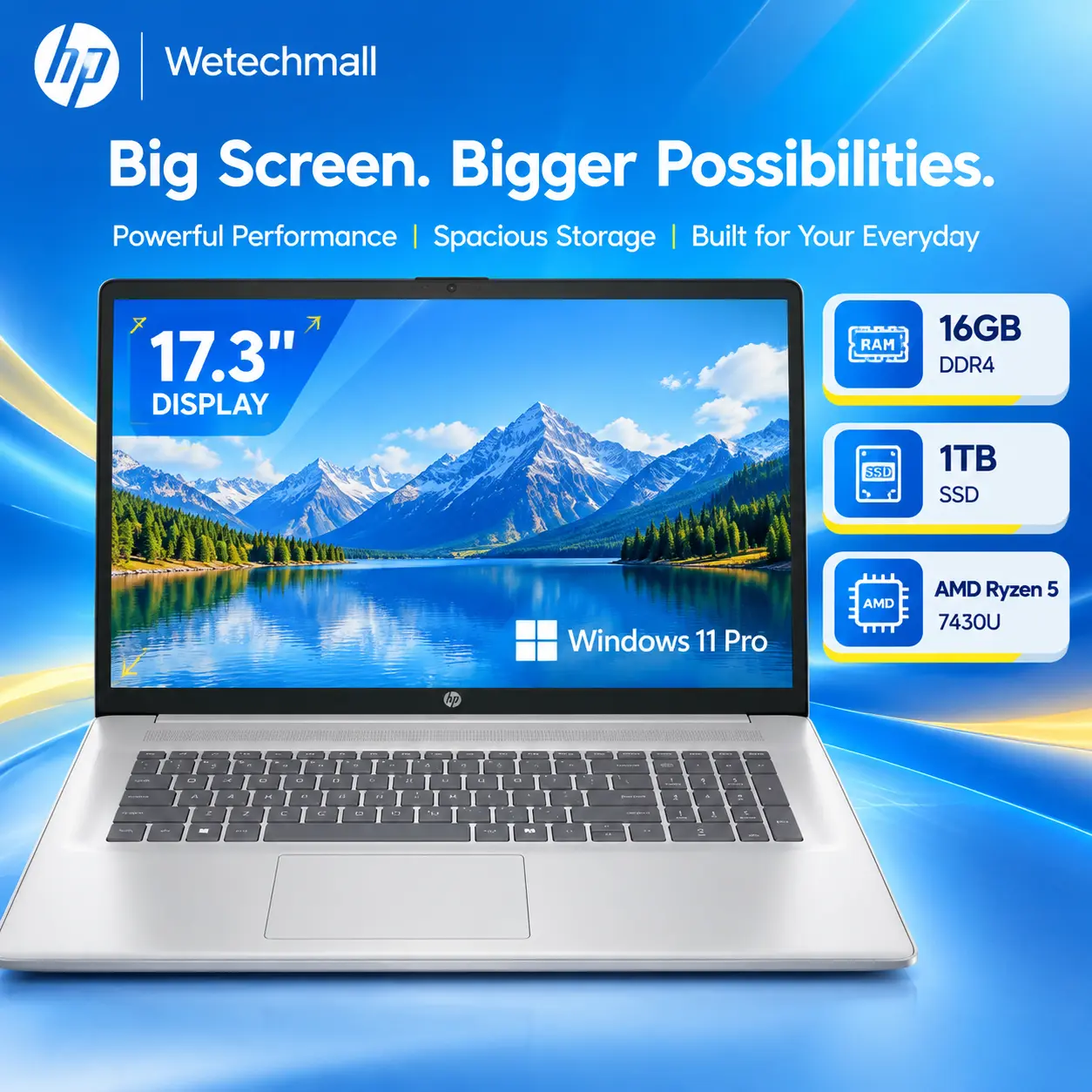 HP 17.3" FHD IPS Anti-Glare Work Laptop - AMD Ryzen 5 7430U, Up to 16GB RAM, 1TB SSD, Fast Charging, Windows 11 Pro, Natural Silver, Student Computer, Laptop Computers, Upgraded Performance