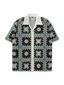 Printed Blouse, Unisex, and Checkered, Geometric Pattern, Boho Style, Hawaiian Shirt, Casual Vacation Top, Fitted, Short, Valentine's Gift, Menswear, Casual Summer Shirt