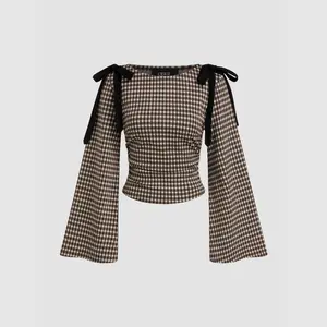 Cider Boat Neck Gingham Bowknot Ruched Long Sleeve Top