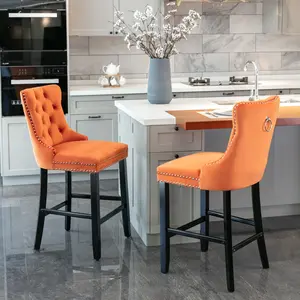 Contemporary Velvet Upholstered Barstools with Button Tufted Decoration and Wooden Legs, and Chrome Nailhead Trim, Leisure Style Bar Chairs,Bar stools, Set of 2 (Orange),SW2002OG