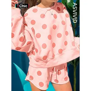 Women's Casual Polka Dot Print Long Sleeve Drop Shoulder Pullover Drawstring Shorts Set, Long Sleeve, All Seasons, 2 Piece SetKPOK