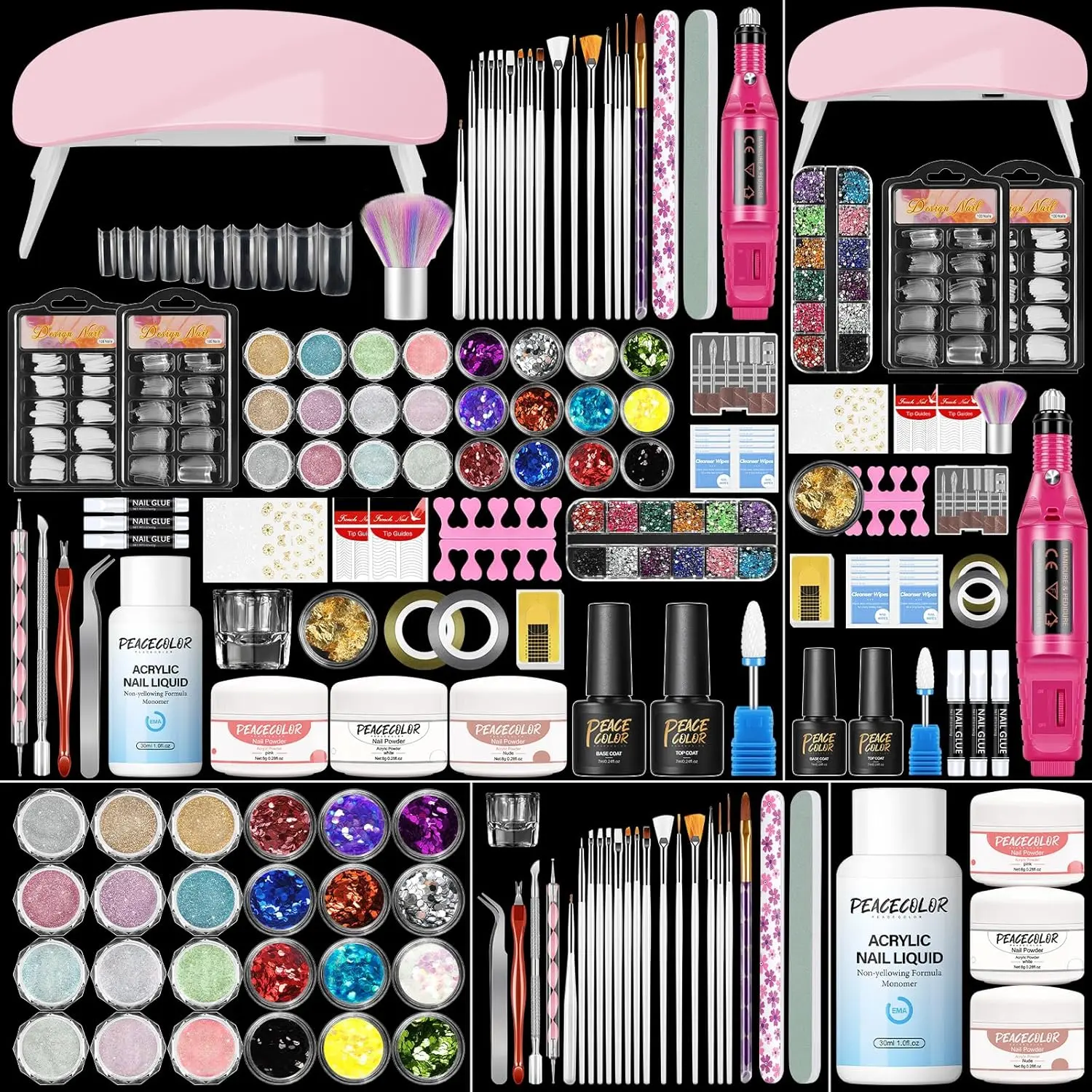 Valentine's Day Acrylic Nail Kit with Drill and U V Light, Professional Acrylic Nail Kits with Everything 3PC Powder 24PC Glitter 200Pcs Nail Tips Nails Art Decoration DIY Home Salon