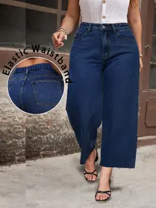Plus Size Women Loose Wide Leg Jeans, High Waist Cropped Length, Frayed Hem Design for Comfortable Everyday Wear