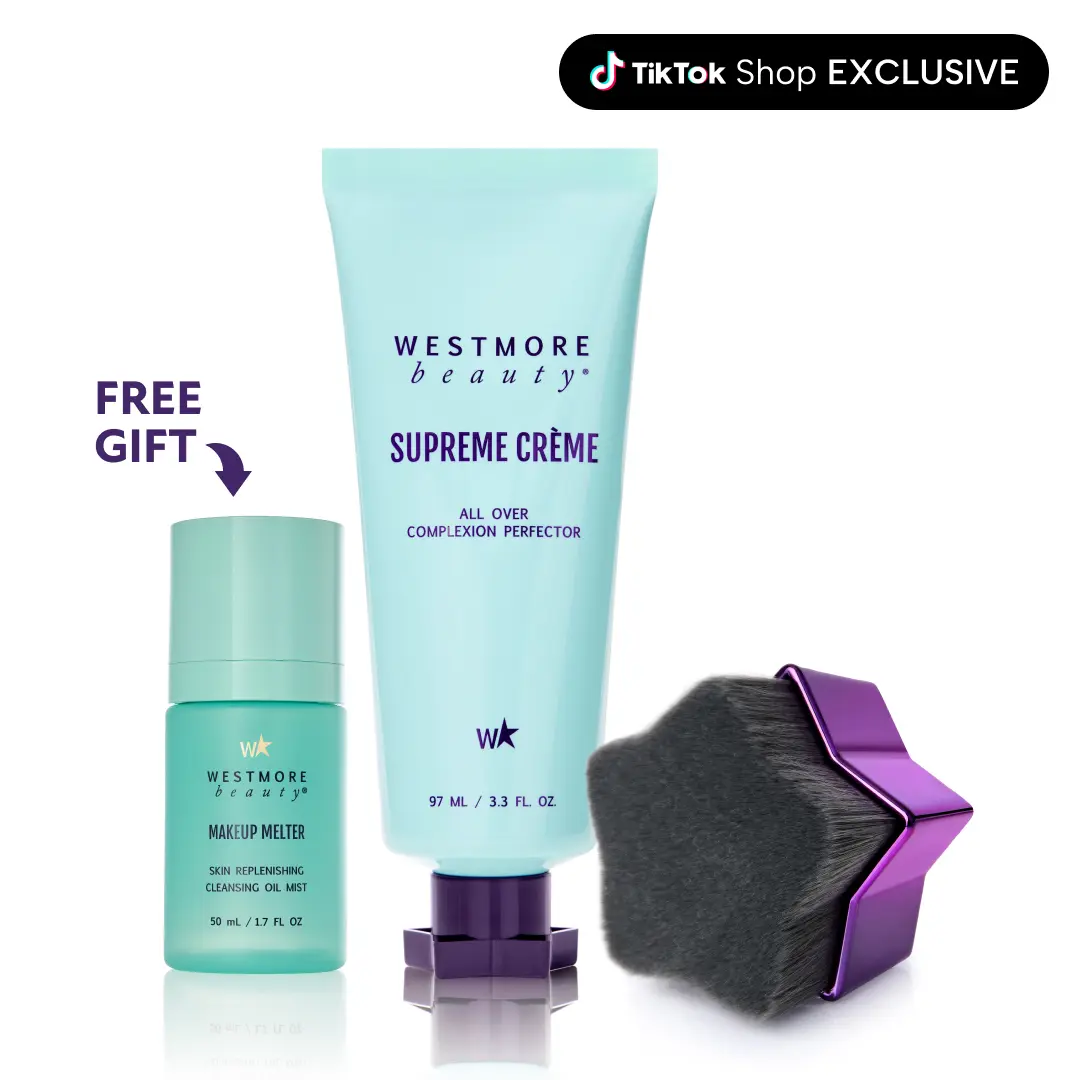 Westmore Beauty Perfect & Reset Set | Supreme Creme 3.5oz + Star-Shaped Kabuki Brush + FREE Travel Size Makeup Melter Hydrating Cleansing Oil Mist