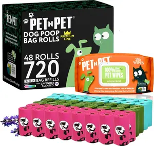 PET N PET 720 Count Colorful Poop Bags, 41% Plant-Based + 100% Plant-Based Hypoallergenic Dog Wipes, 100 Count 8" x 8"