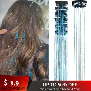 Hair Tinsel Clip in, 20Inch Glitter Tinsel Hair Extensions, Shiny Sparkling Fairy Hair Tinsel Clips, Dazzling Party Hair Accessories for Girls Women Kids (Sky blue)