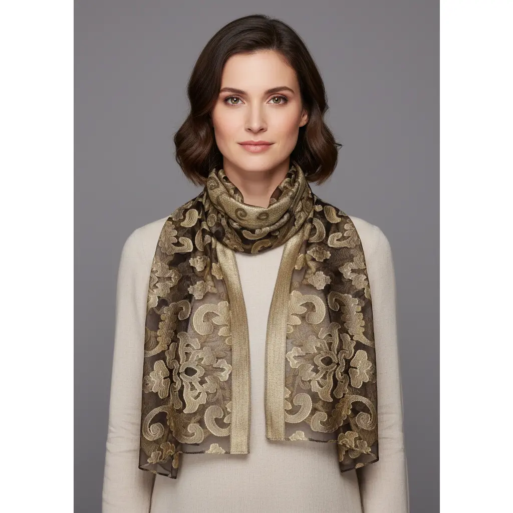 Summer Fashion Lightweight Floral Embroidered Burnout Scarf (Black Gold)
